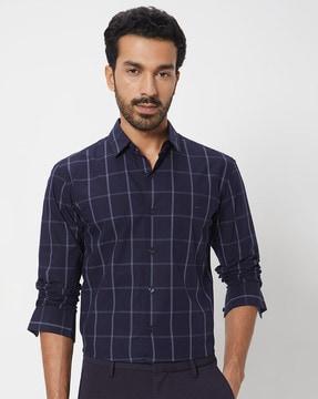 men windowpane checked slim fit shirt with patch pocket
