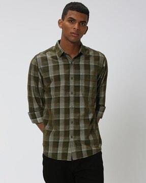 men windowpane checked slim fit shirt