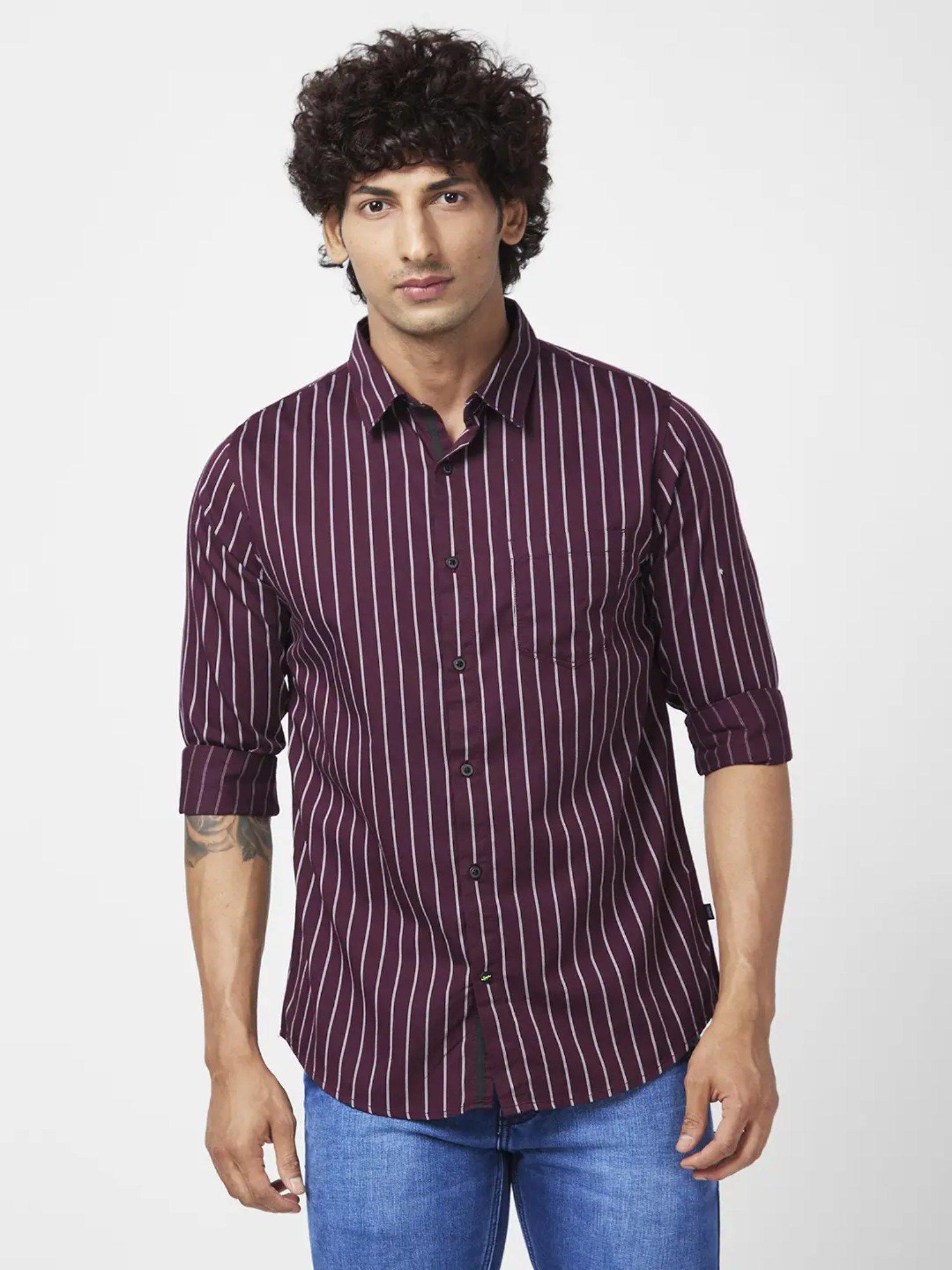men wine cotton regular slim fit full sleeve casual striped shirt