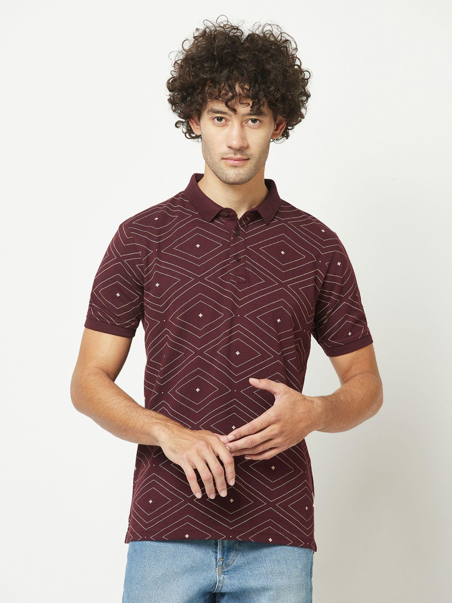 men wine geometric print polo t-shirt