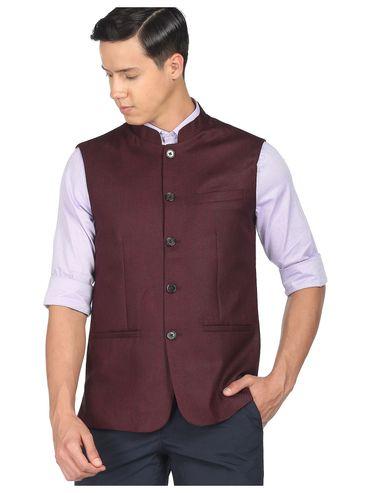 men wine mandarin collar heathered nehru jacket