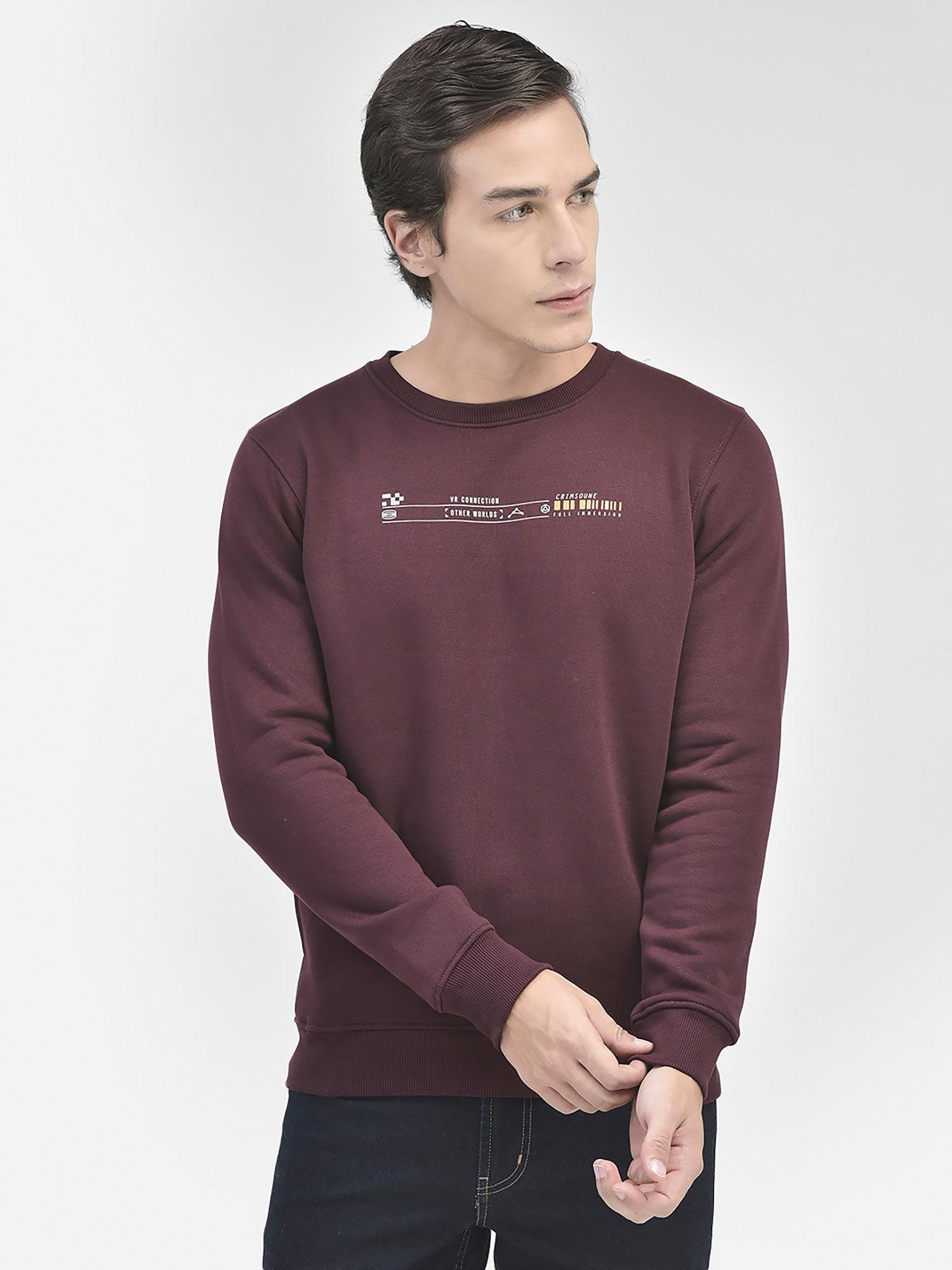 men wine printed round neck sweatshirt