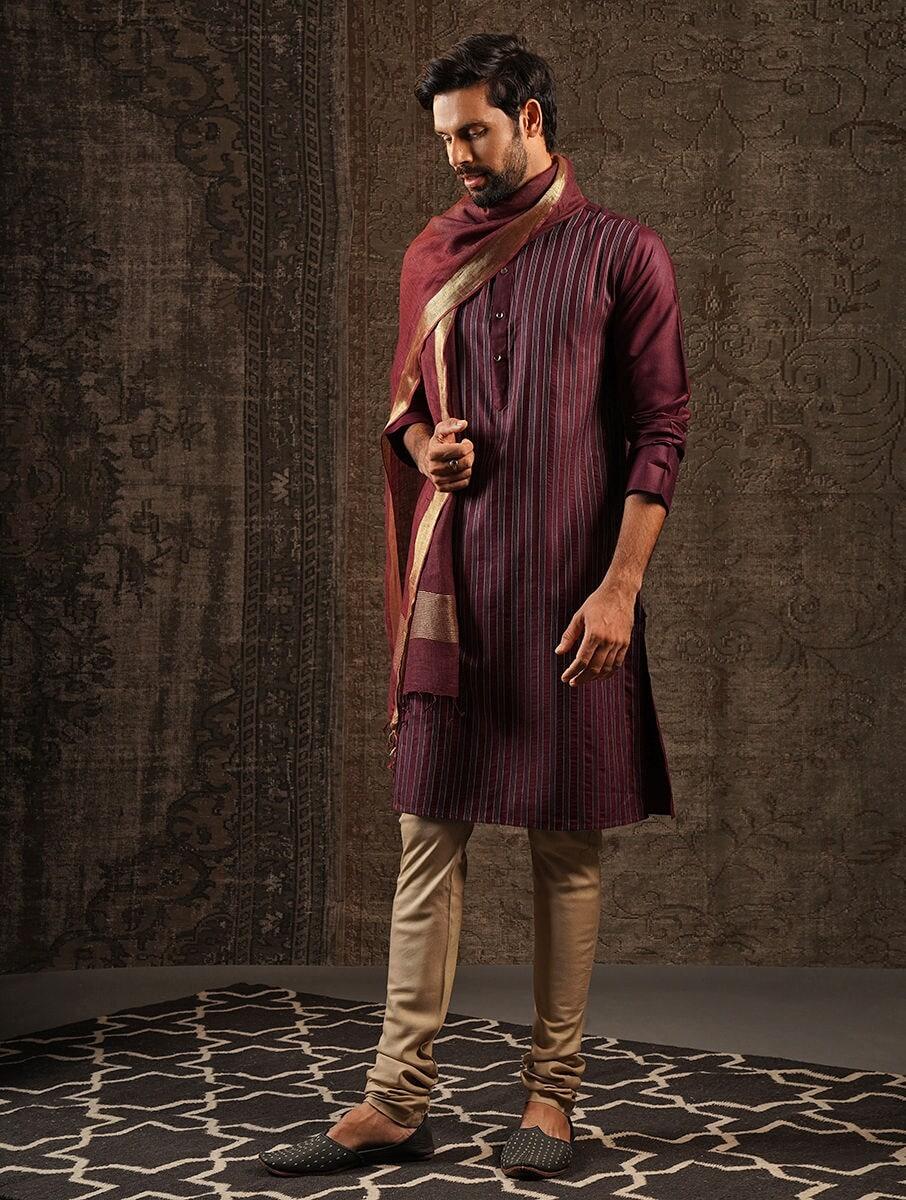 men wine purple silk blend embroidered mandarin collar regular fit kurta