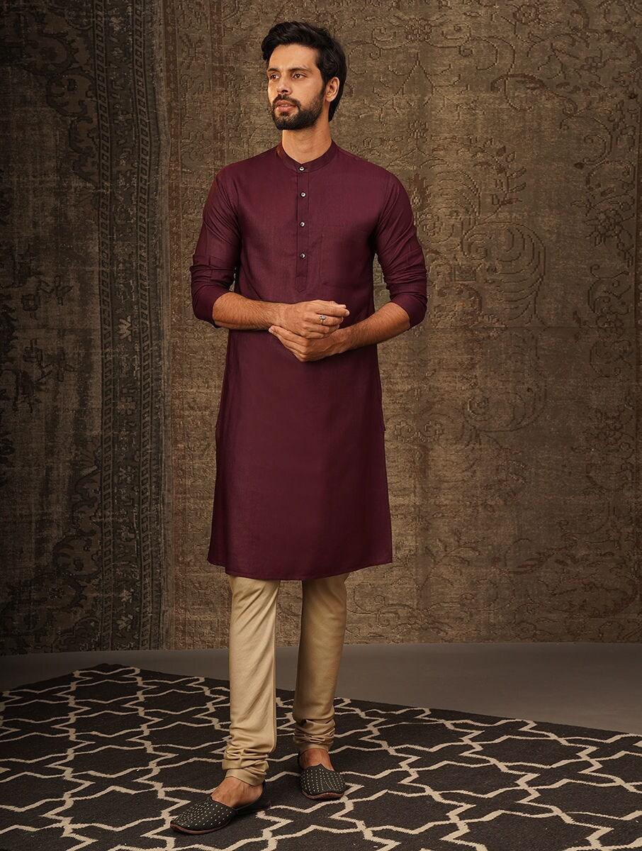 men wine purple viscose solid mandarin collar regular fit kurta