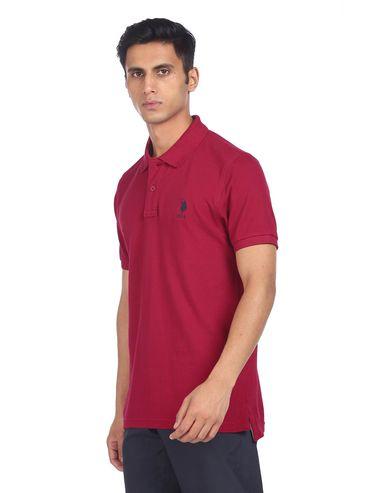 men wine ribbed collar solid polo t-shirt