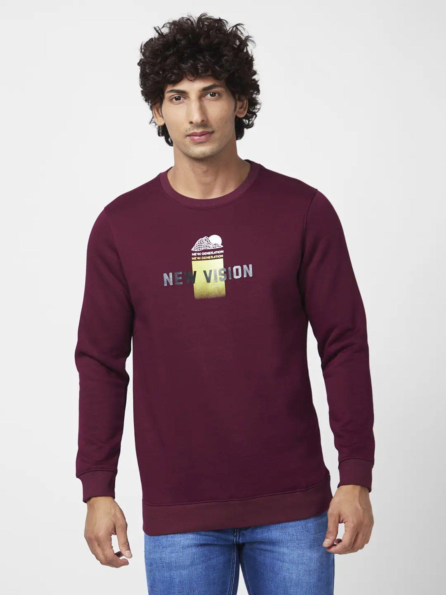 men wine slim fit full sleeve round neck printed casual sweatshirt