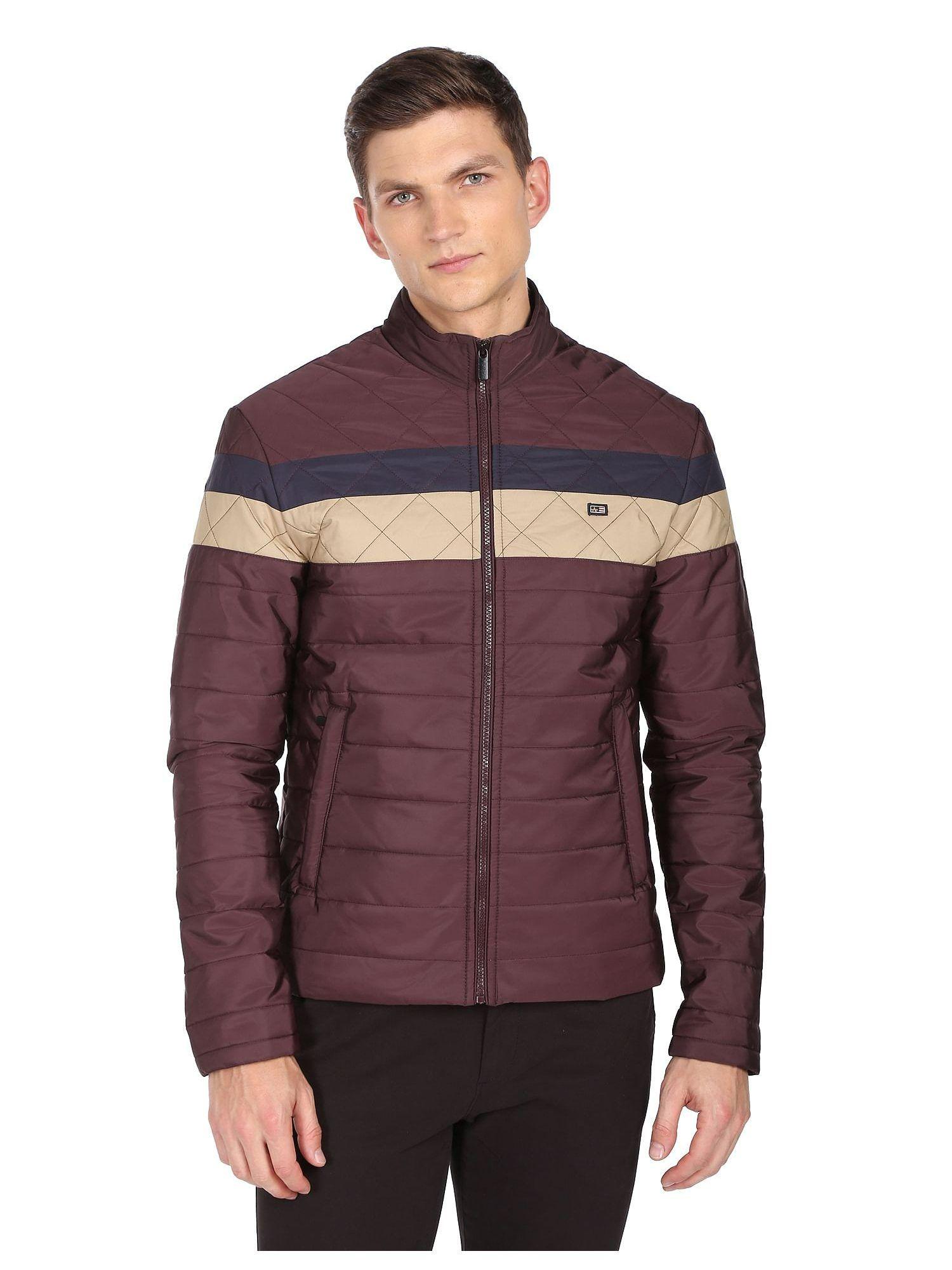 men wine stand collar colour block polyester puffer jacket