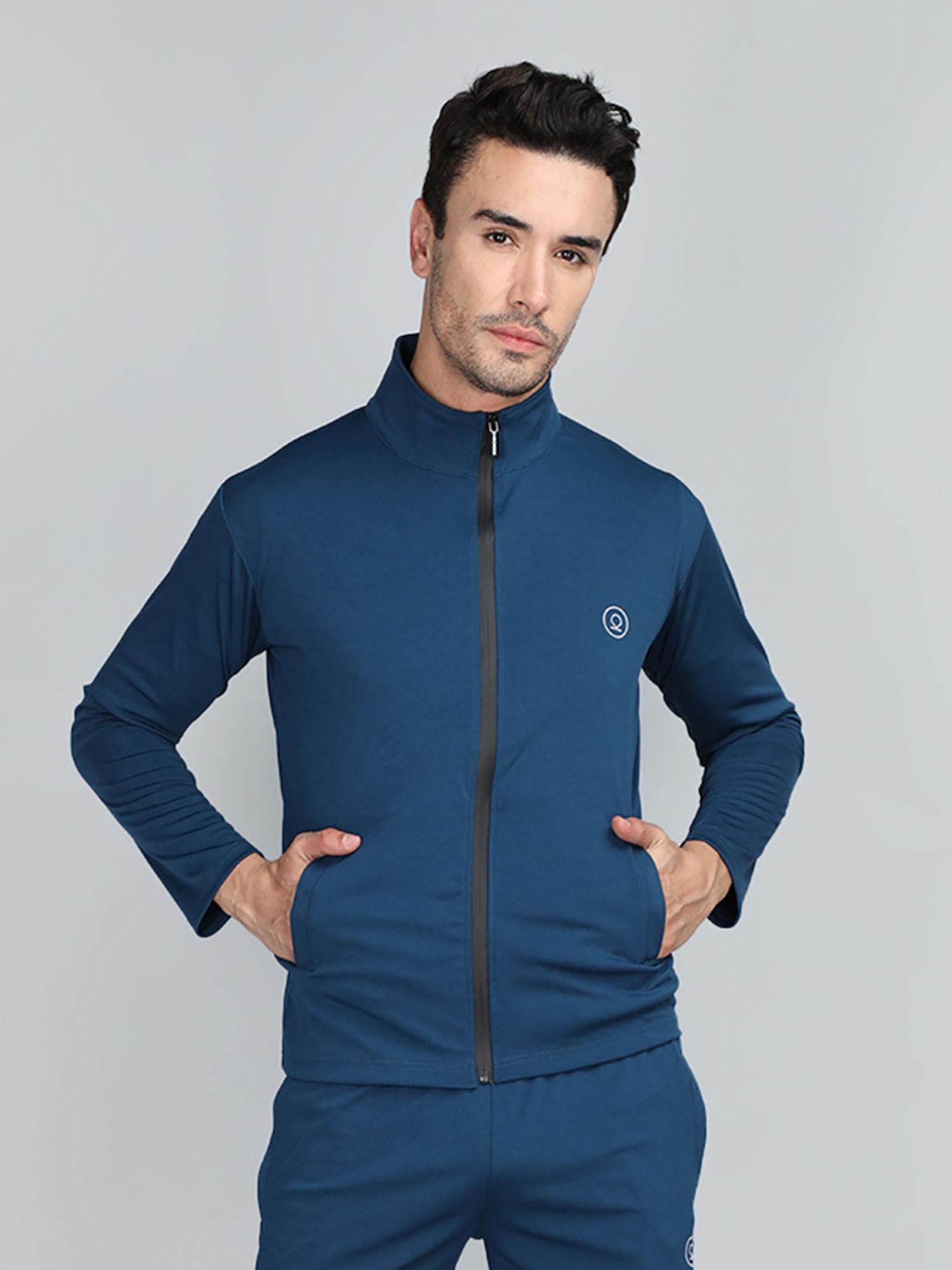 men winter sports gym track zipper stylish blue jacket