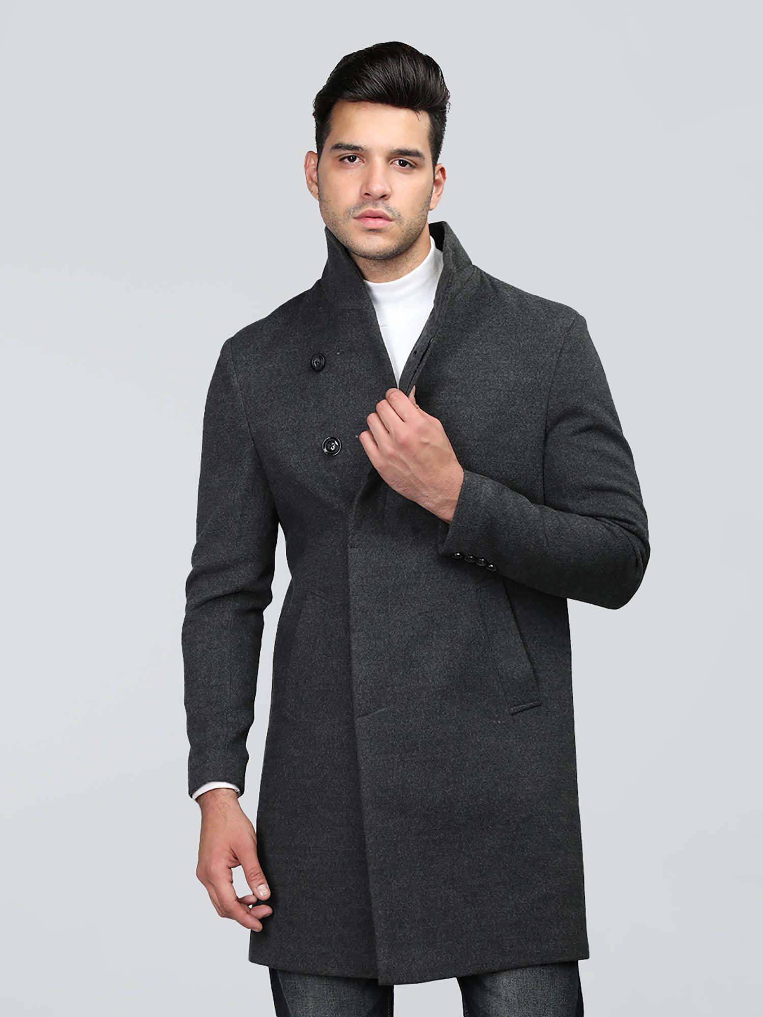 men winter wear long solid coat dark grey