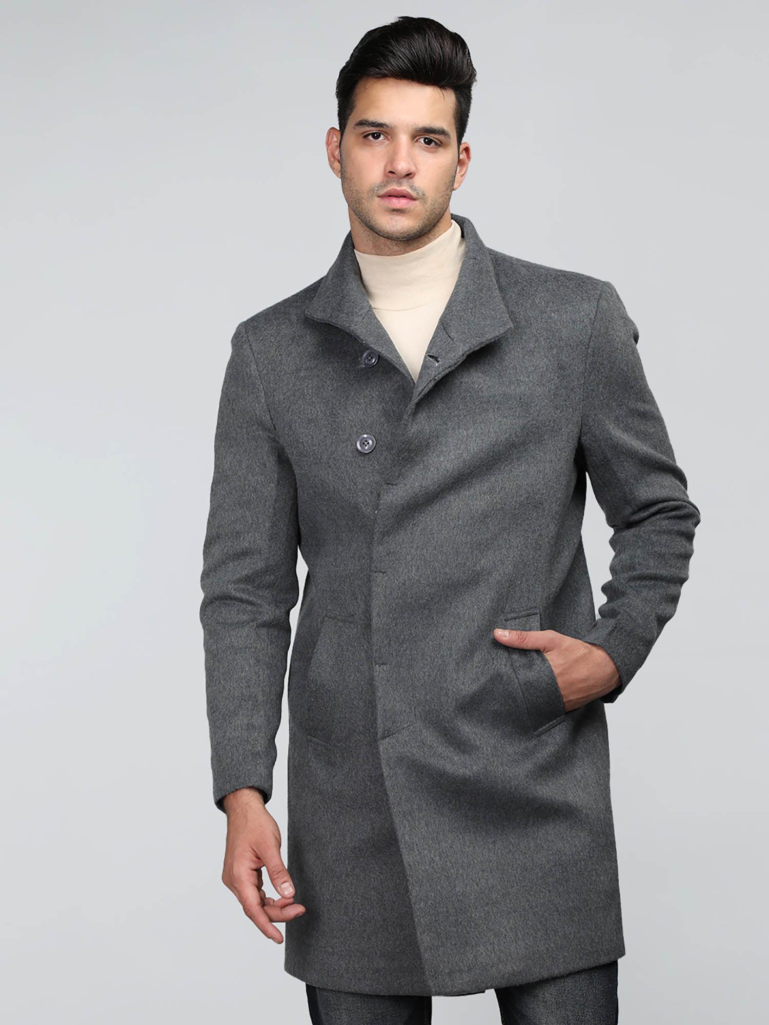 men winter wear long solid coat grey