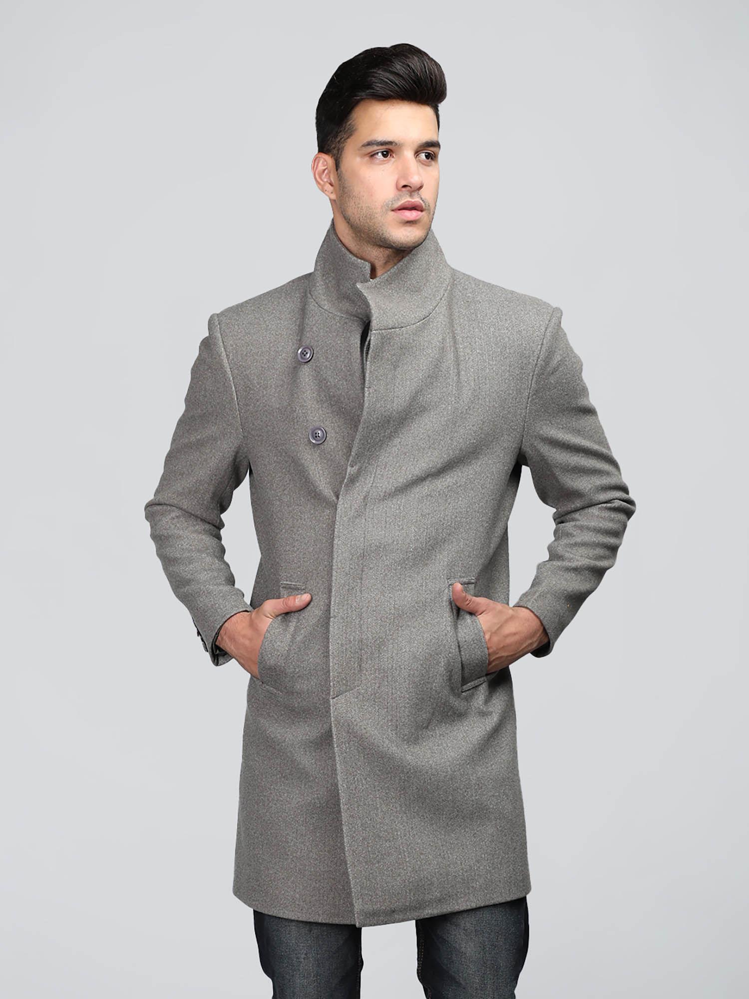 men winter wear long solid coat light grey