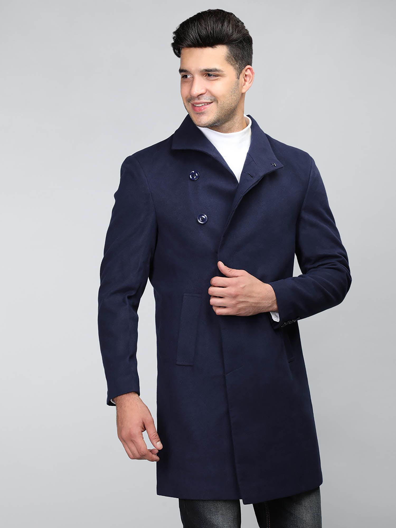 men winter wear long solid coat navy blue