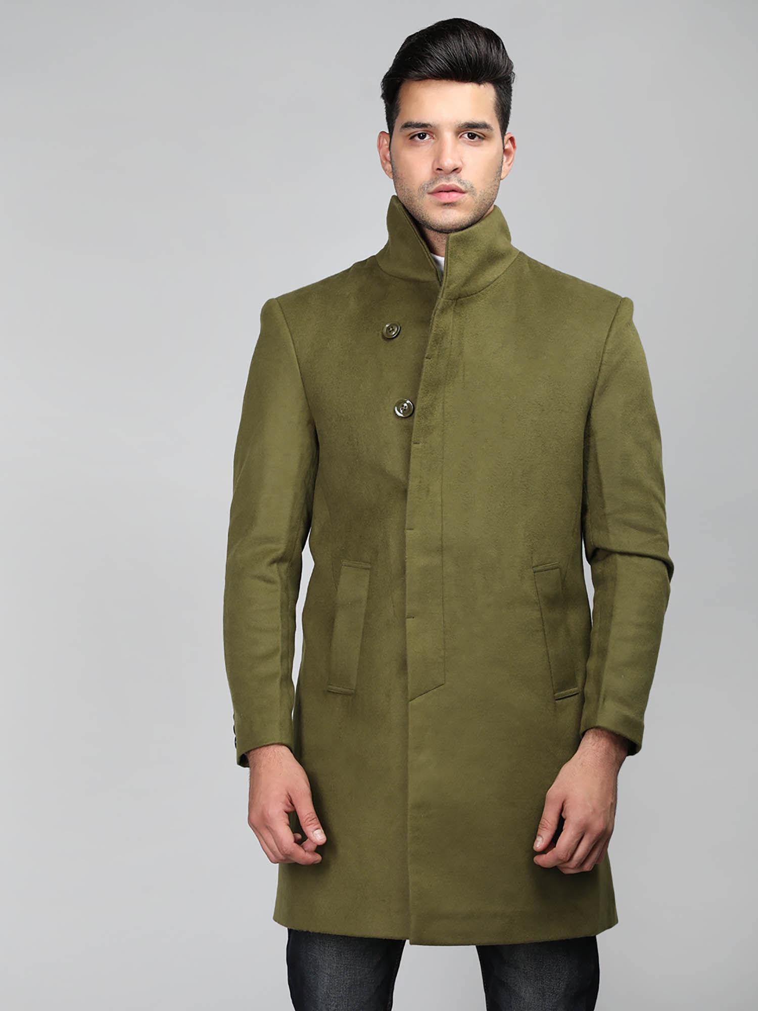 men winter wear long solid coat olive green