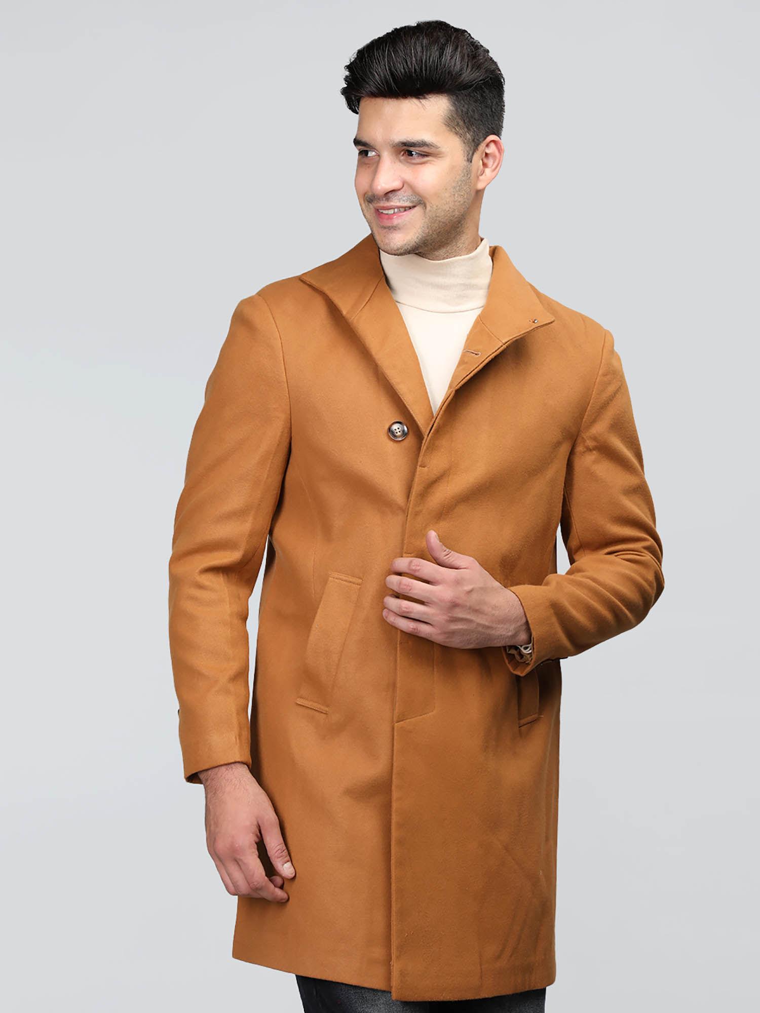 men winter wear long solid coat orange