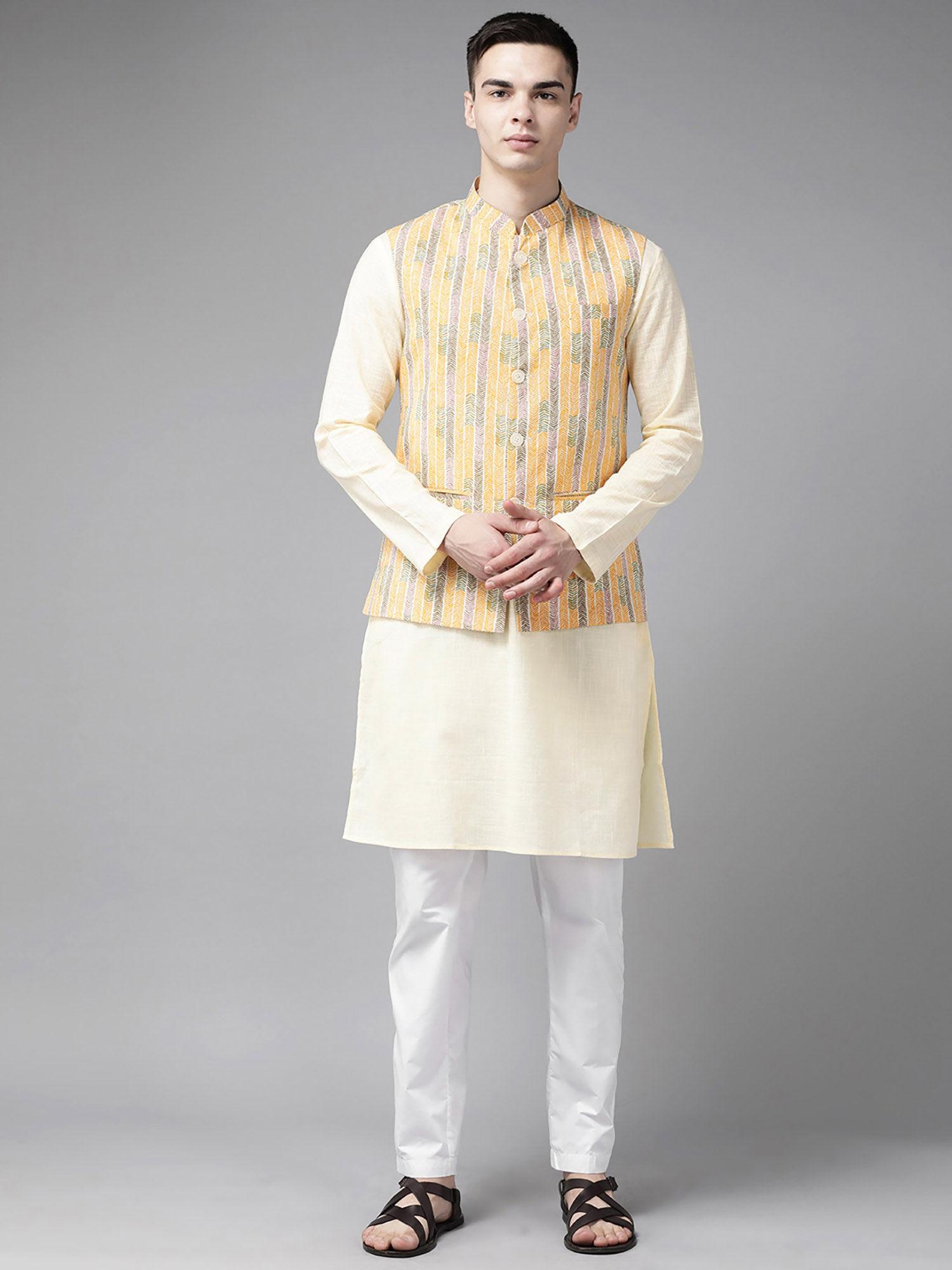 men yellow & beige printed pure cotton kurta pyjama with nehru jacket (set of 3)