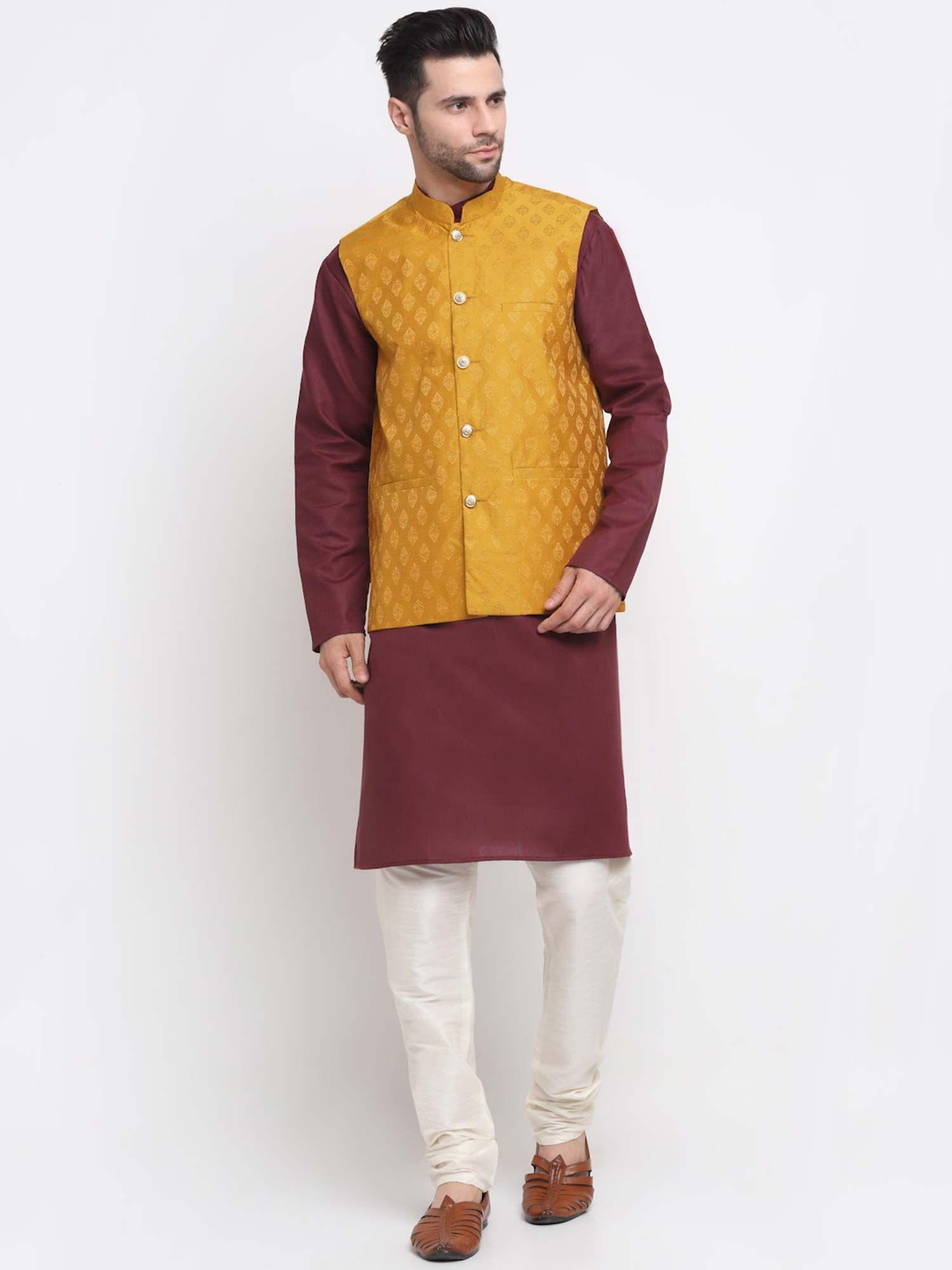 men yellow & maroon jacquard dupion silk nehru jacket and kurta pajama (set of 3)