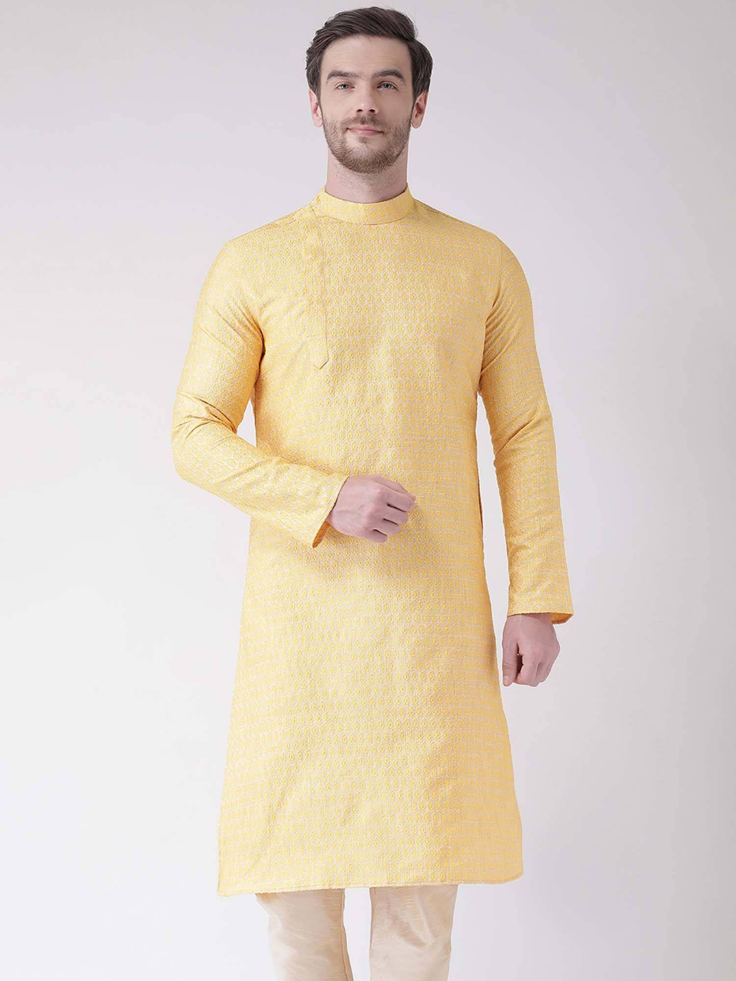 men yellow & white embroidered design straight kurta