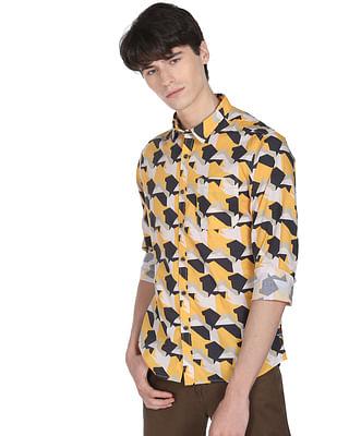 men yellow abstract print cotton casual shirt