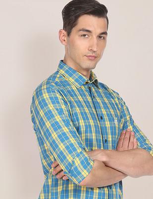 men yellow and blue cotton check casual shirt
