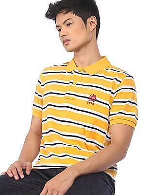 men yellow and blue striped short sleeve polo shirt