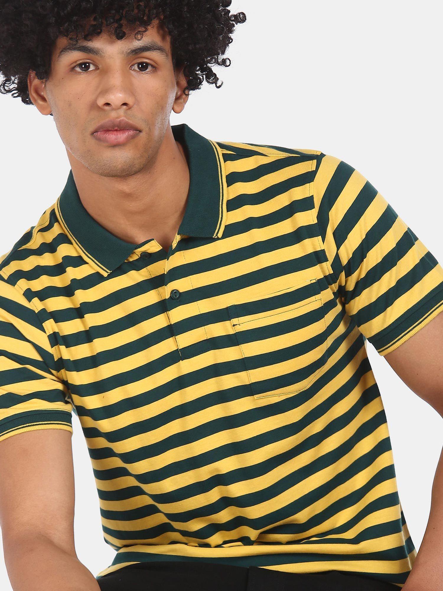 men yellow and dark green cotton striped polo t-shirt