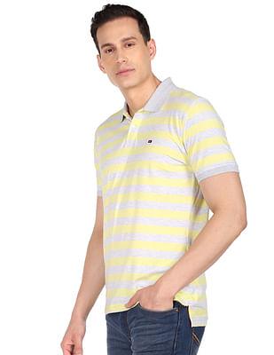 men yellow and grey horizontal stripe heathered polo shirt