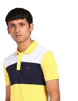 men yellow and navy cotton colour block polo shirt