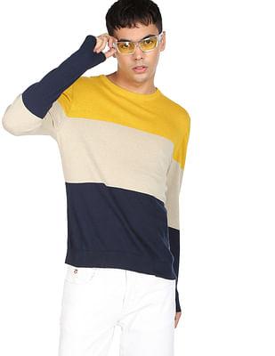 men yellow and navy crew neck colour block sweater