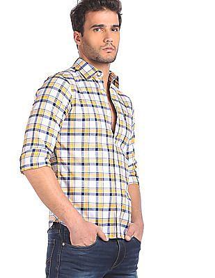 men yellow and white cotton check casual shirt