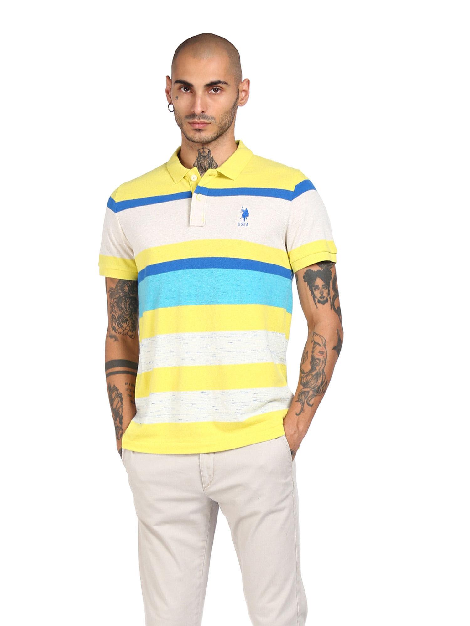 men yellow and white striped cotton polo t-shirt