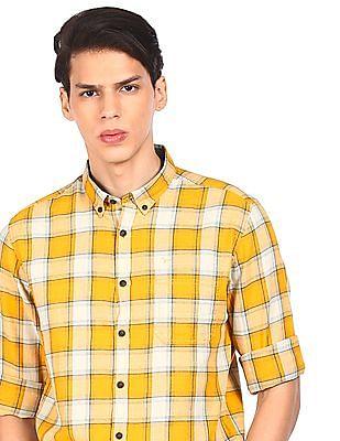 men yellow buttondown collar long sleeves checked shirt