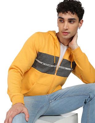 men yellow colour block hooded sweatshirt