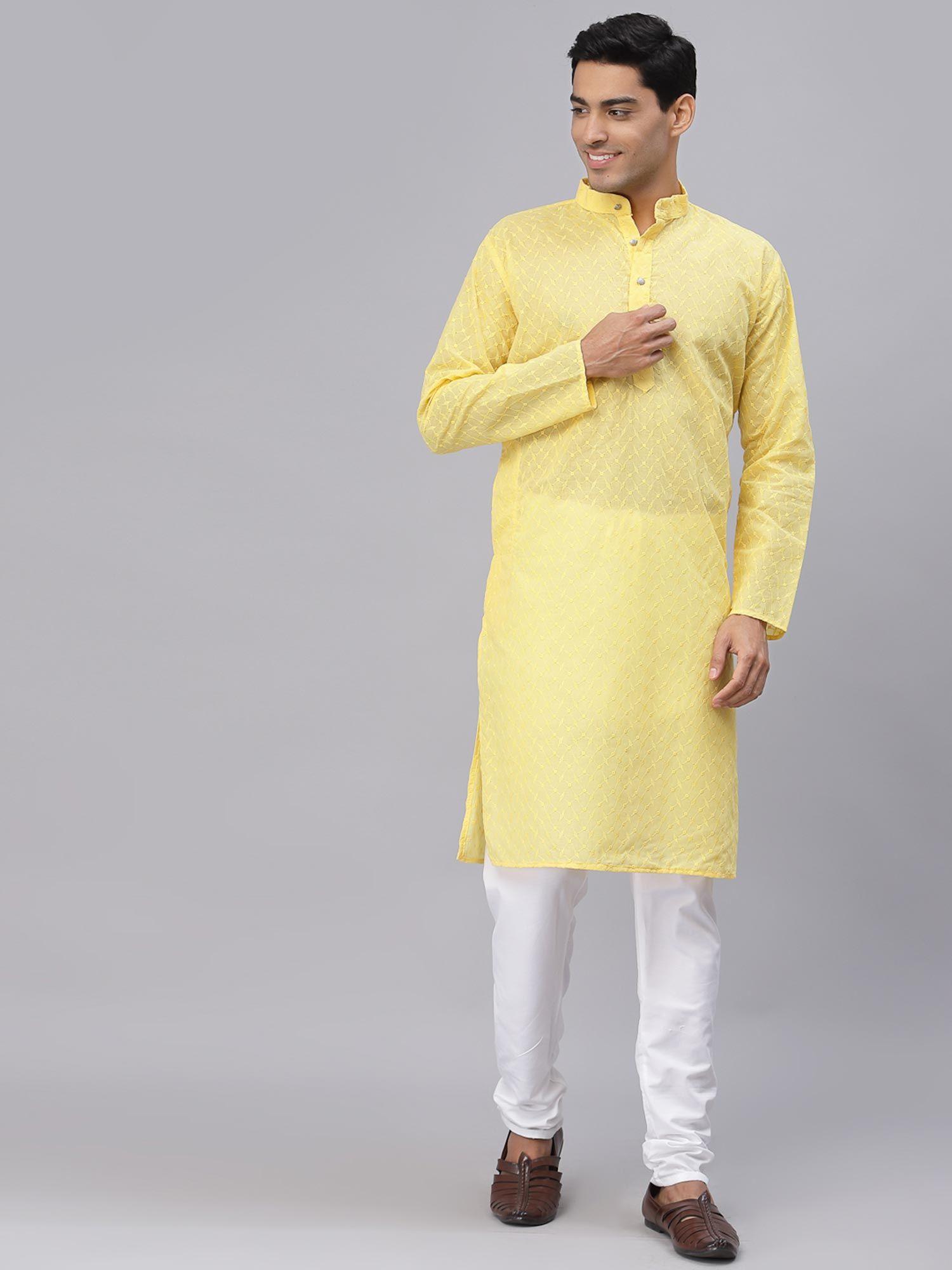 men yellow cotton chikankari straight kurta and churidaar (set of 2)