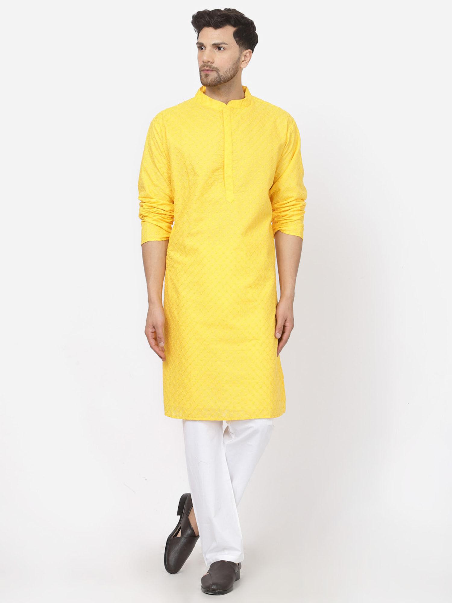 men yellow cotton embroidered kurta
