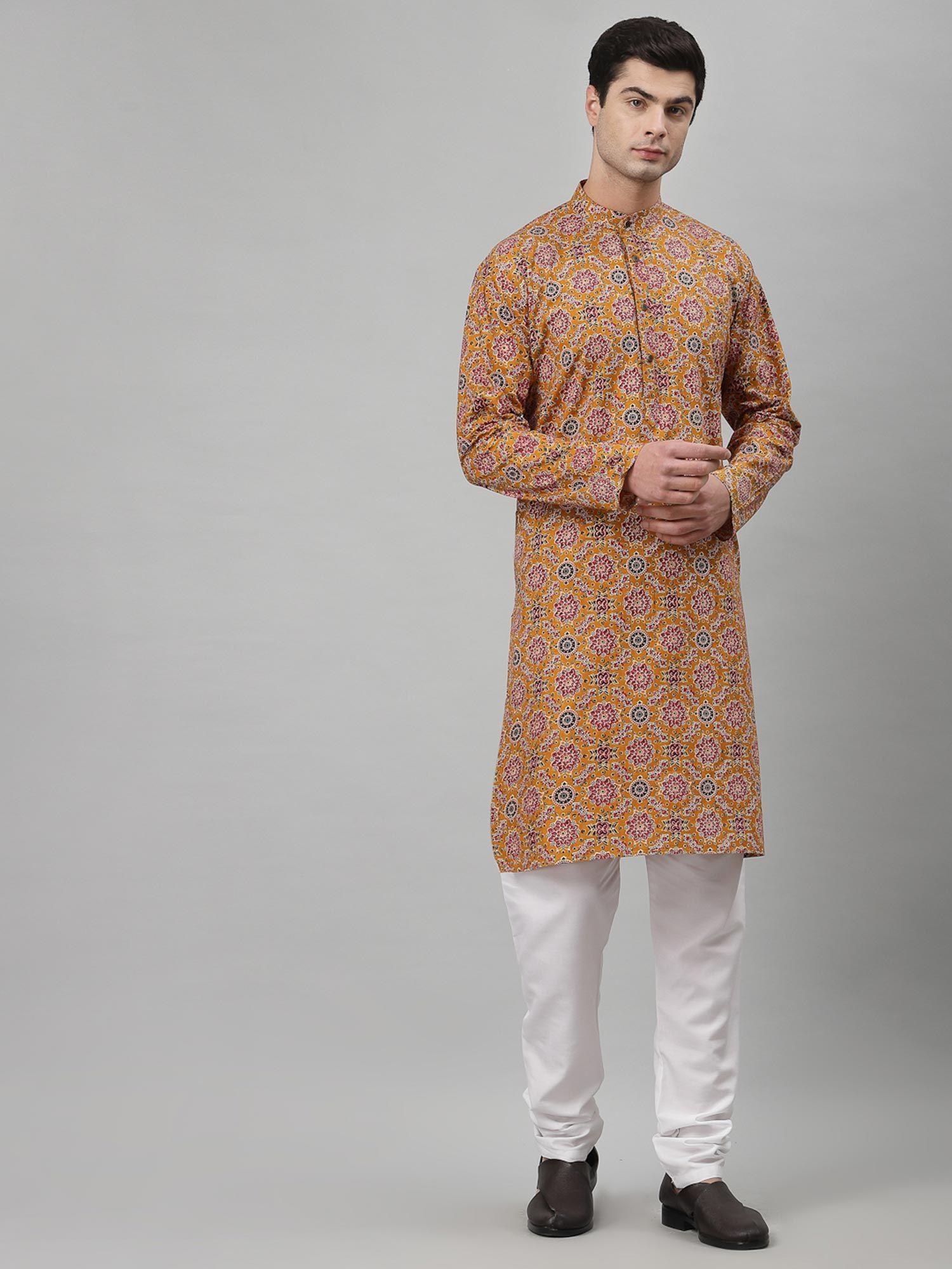 men yellow cotton floral print kurta and churidaar (set of 2)