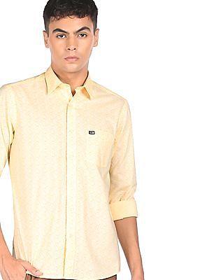 men yellow cotton printed casual shirt