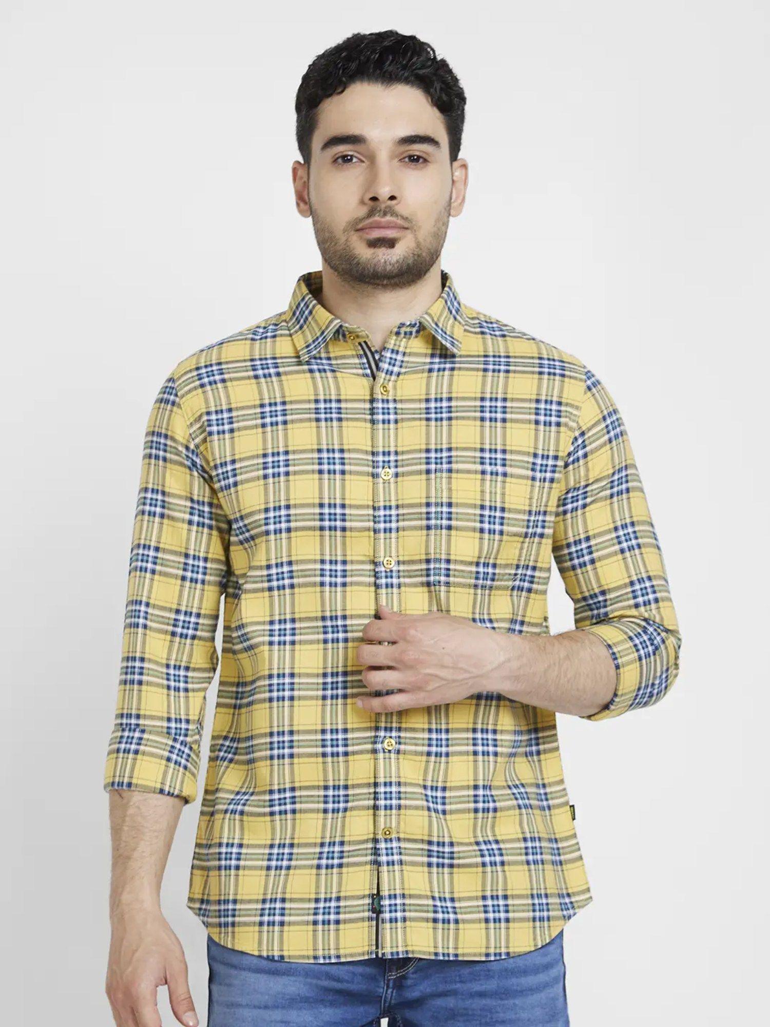 men yellow cotton regular slim fit full sleeve checks shirt