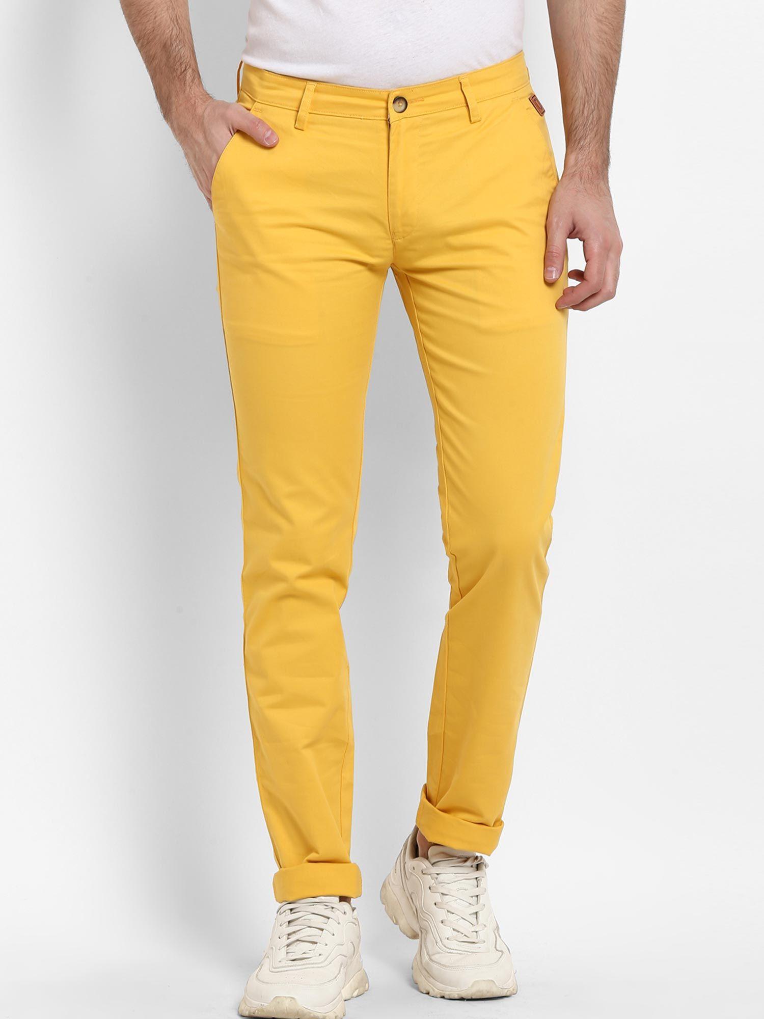 men yellow cotton slim fit casual chinos trousers stretch