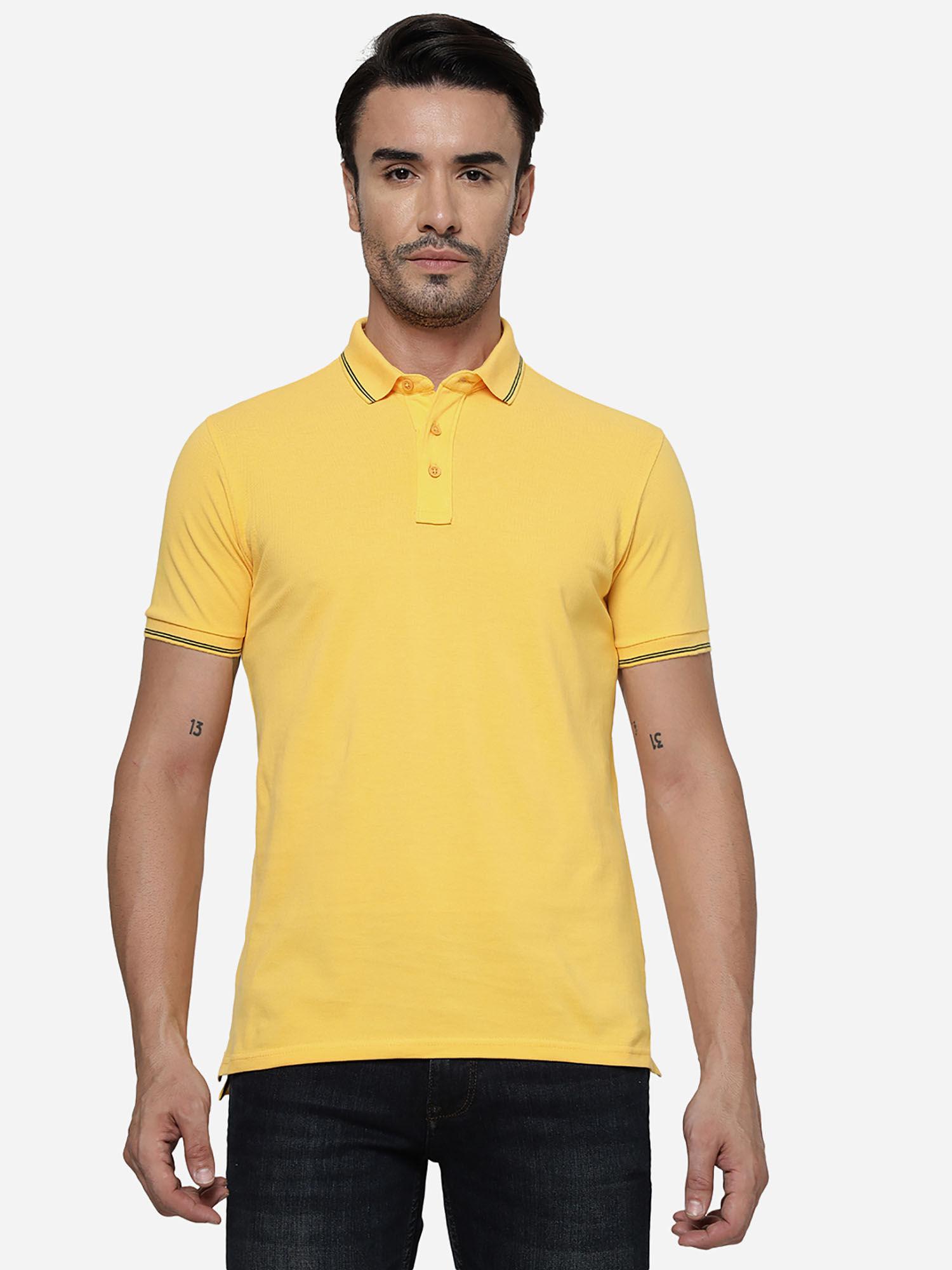men yellow cotton slim solid polo t-shirt