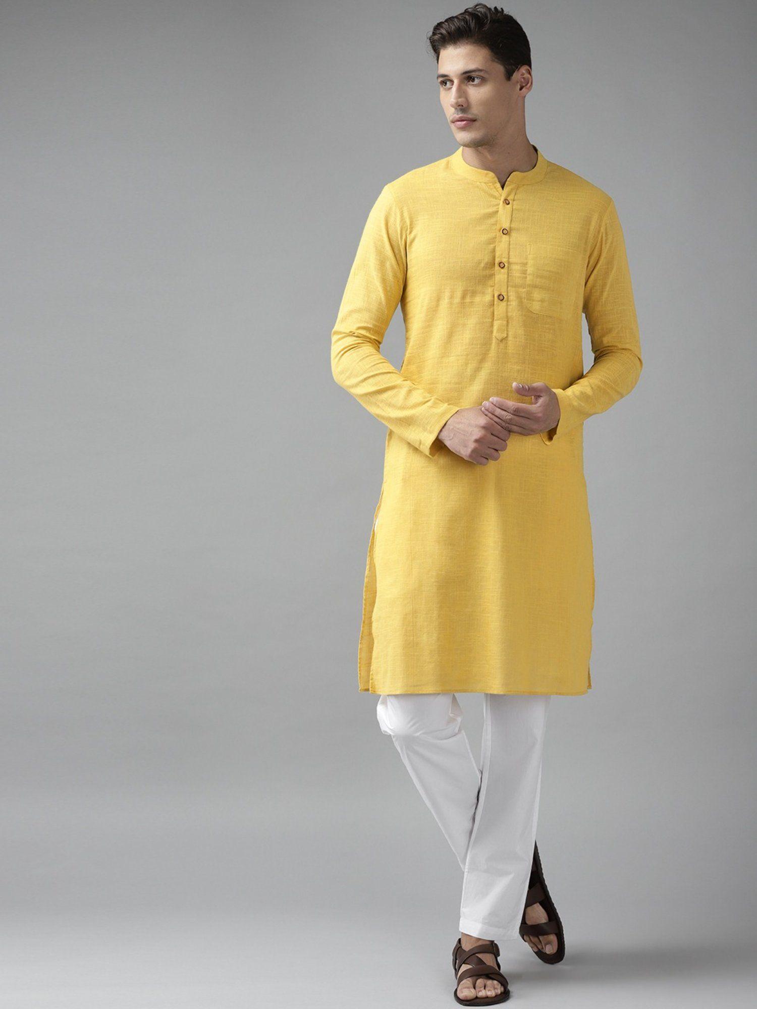 men yellow cotton straight slub effect kurta & pyjama (set of 2)