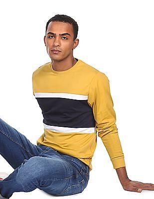 men yellow crew neck colour block t-shirt