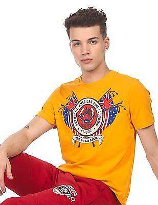 men yellow crew neck graphic print t-shirt