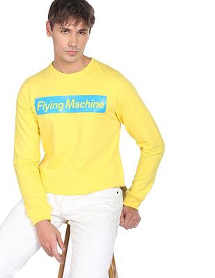 men yellow crew neck typographic print sweatshirt