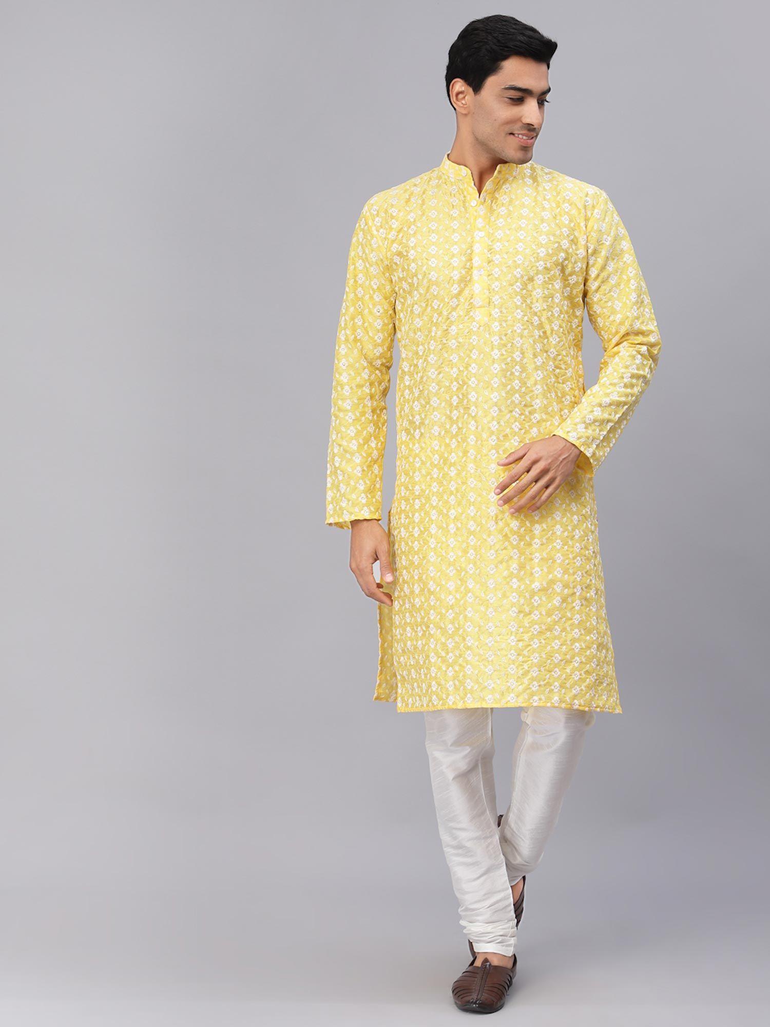 men yellow dupion silk chikankari straight kurta