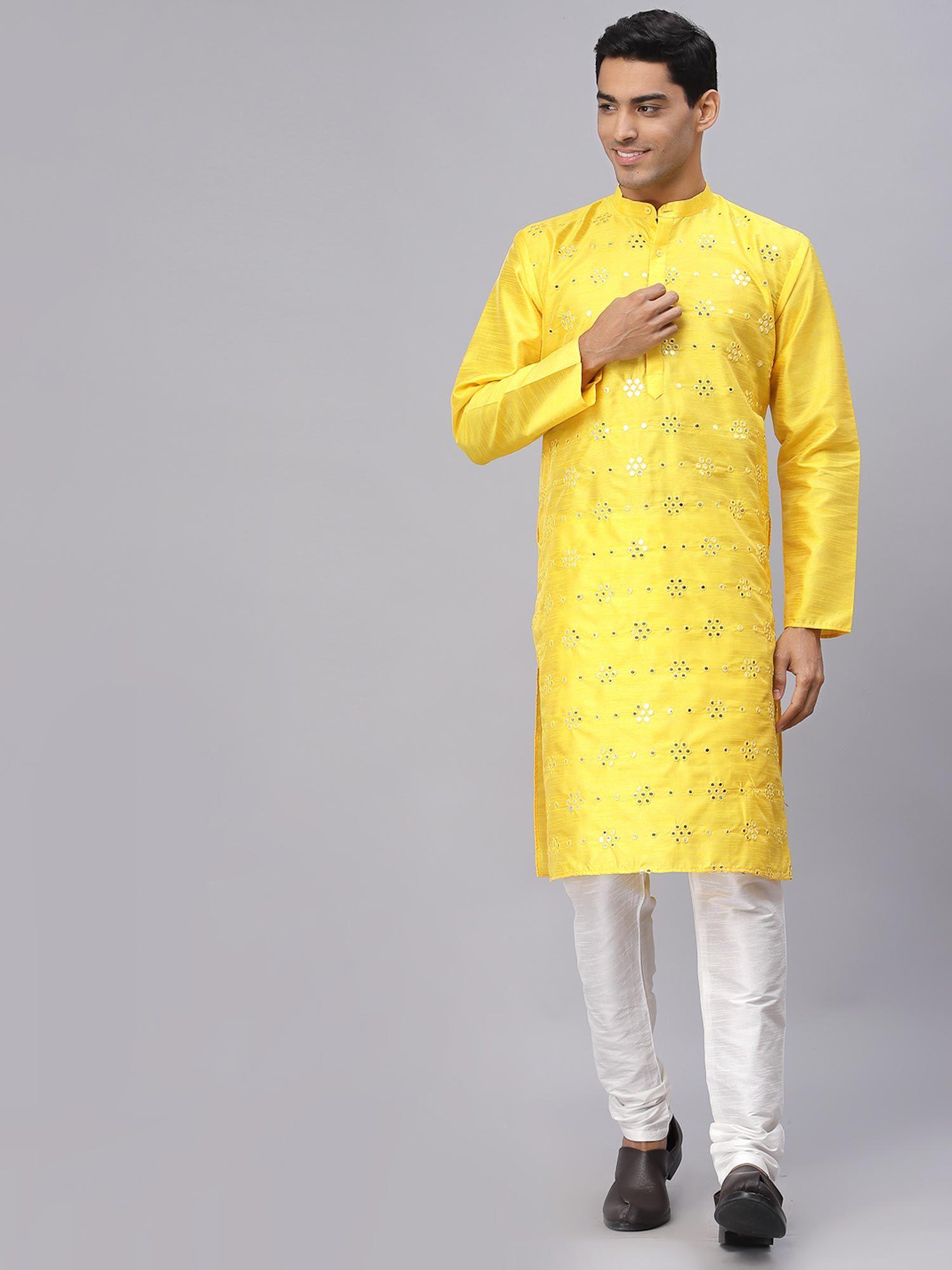 men yellow dupion silk mirror work straight kurta