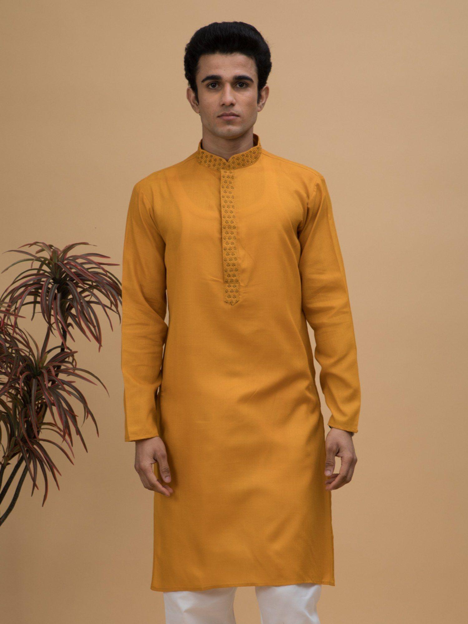 men yellow embroidered cotton long kurta