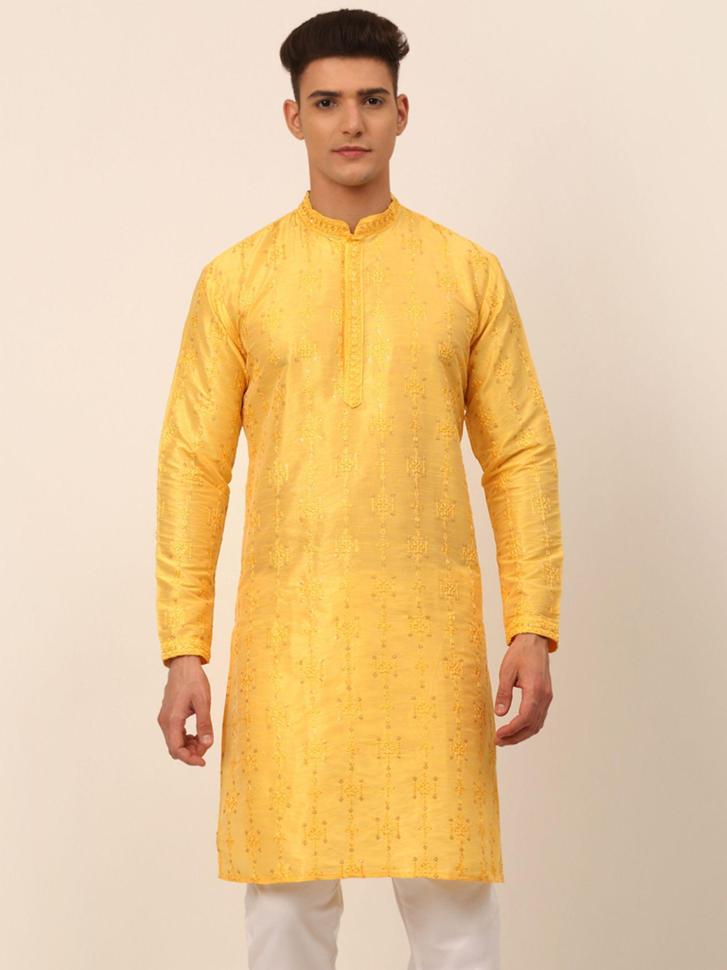 men yellow embroidered design kurta