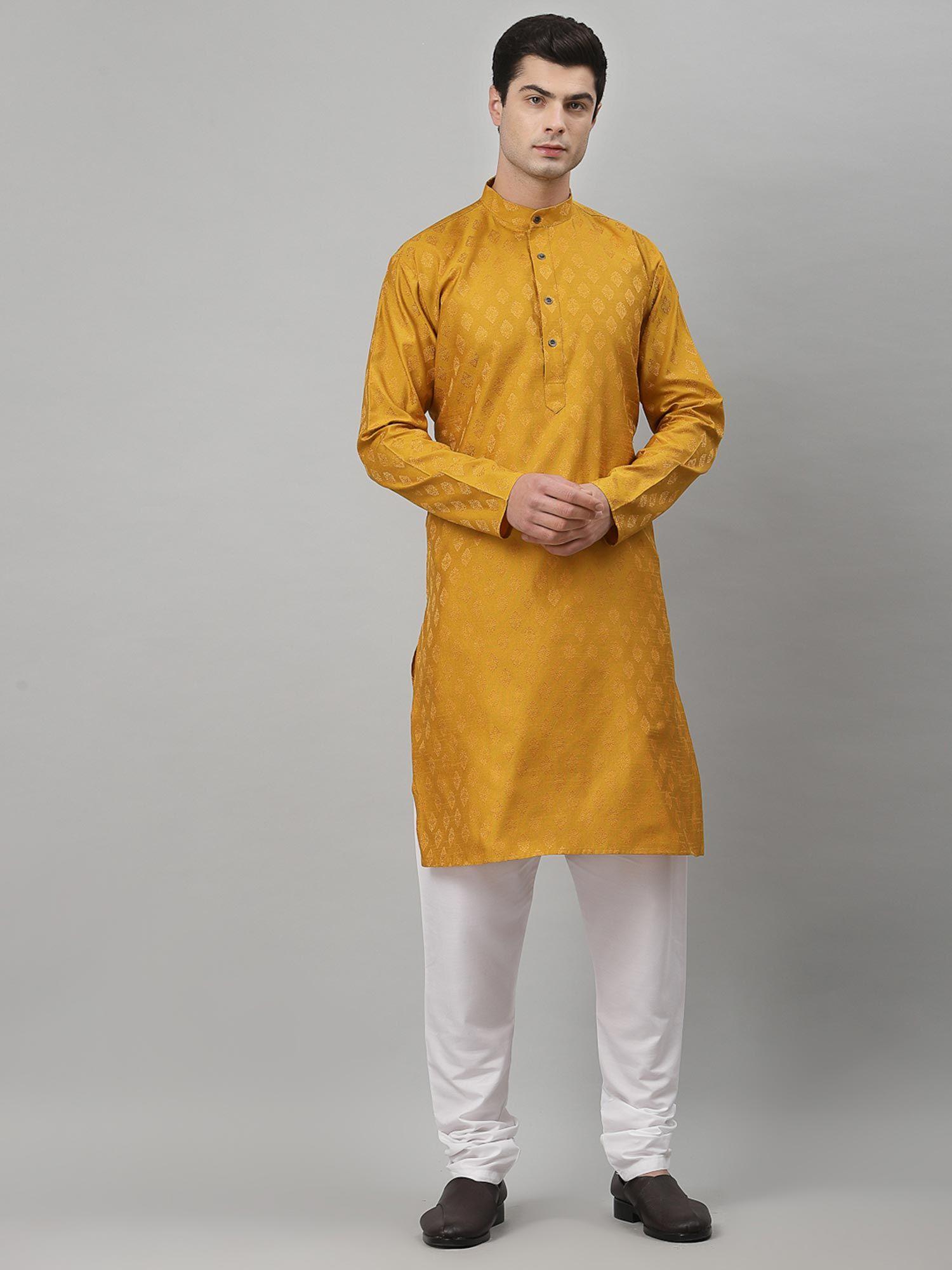 men yellow gold-coloured jacquard straight kurta and churidaar (set of 2)