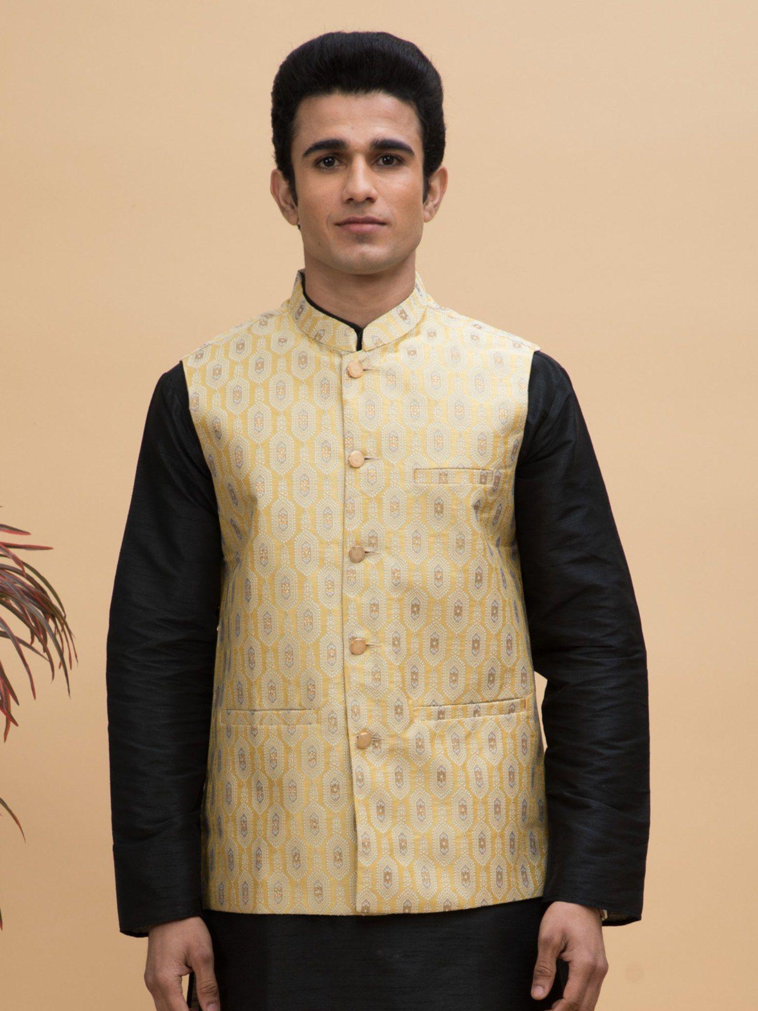 men yellow jacquard ethnic motif silk blend nehru jacket