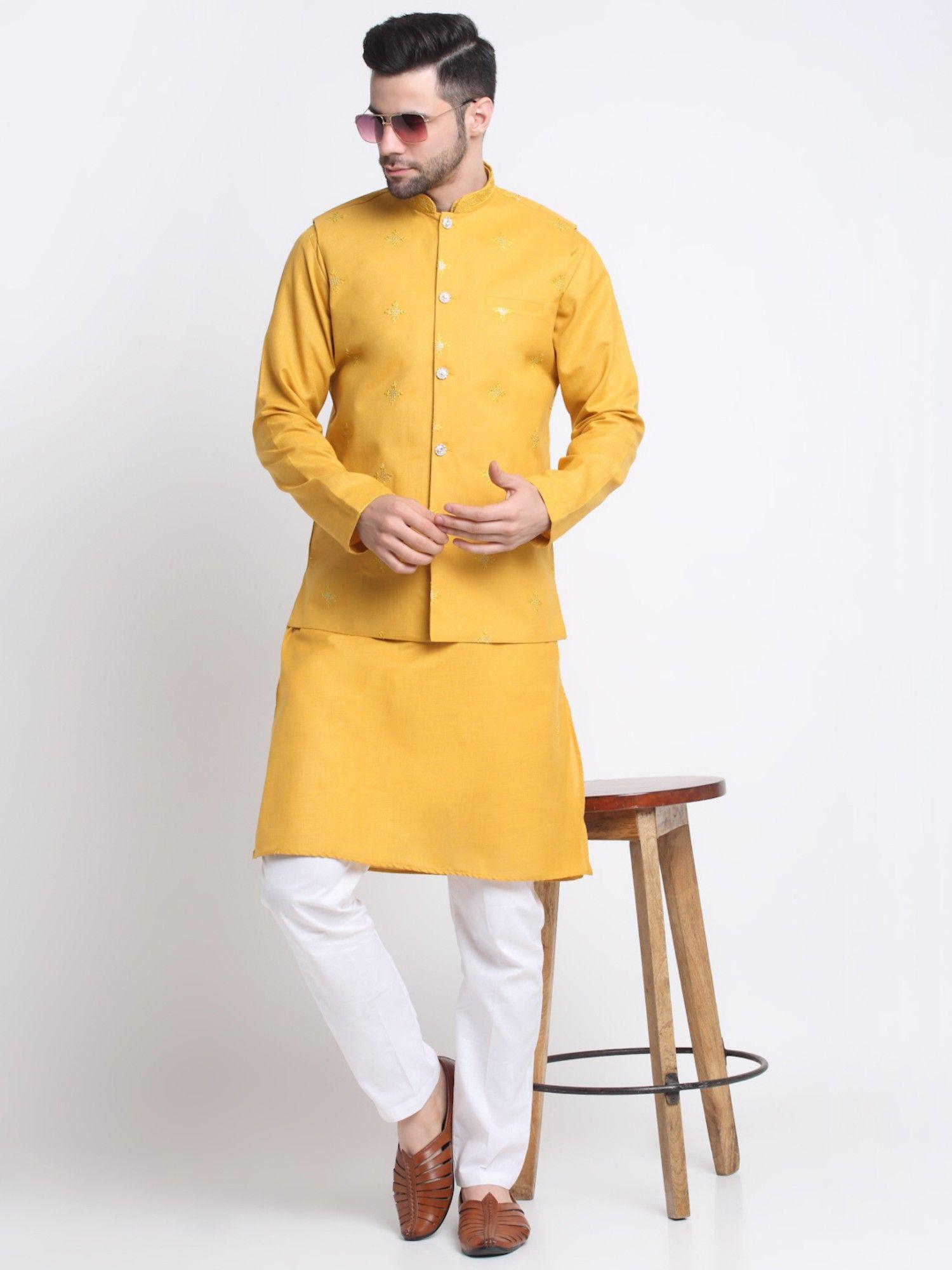 men yellow kurta & white pyjama with embroidered sequined nehru jacket (set of 3)